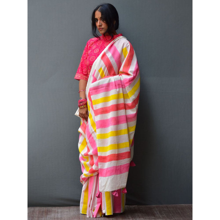 Chidiyaa Rangeen Sweth Hand Block printed Mulmul Cotton Saree with Unstitched