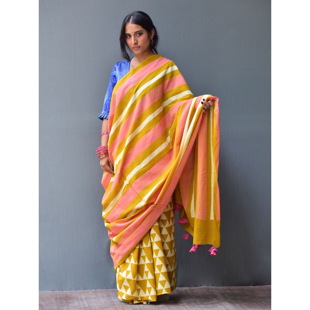 Chidiyaa Rangeen Sunhara Hand Block printed Mulmul Cotton Saree with Unstitched
