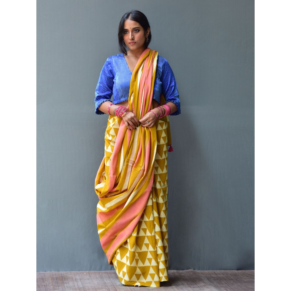 Chidiyaa Rangeen Sunhara Hand Block printed Mulmul Cotton Saree with Unstitched