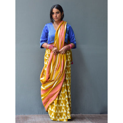 Chidiyaa Rangeen Sunhara Hand Block printed Mulmul Cotton Saree with Unstitched