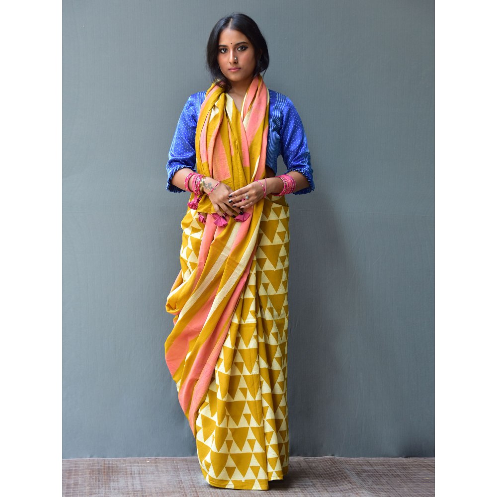 Chidiyaa Rangeen Sunhara Hand Block printed Mulmul Cotton Saree with Unstitched