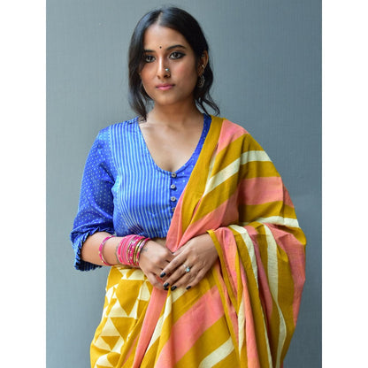Chidiyaa Rangeen Sunhara Hand Block printed Mulmul Cotton Saree with Unstitched