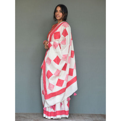 Chidiyaa Rangeen Red Hand Block printed Mulmul Cotton Saree with Unstitched
