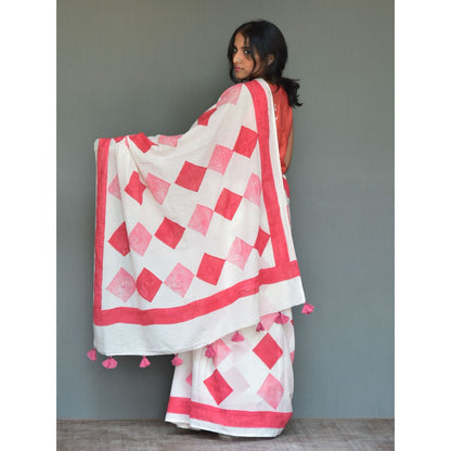 Chidiyaa Rangeen Red Hand Block printed Mulmul Cotton Saree with Unstitched