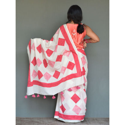 Chidiyaa Rangeen Red Hand Block printed Mulmul Cotton Saree with Unstitched