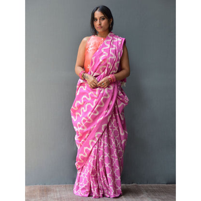 Chidiyaa Rangeen Rosy Hand Block printed Mulmul Cotton Saree with Unstitched