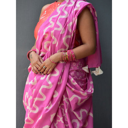 Chidiyaa Rangeen Rosy Hand Block printed Mulmul Cotton Saree with Unstitched