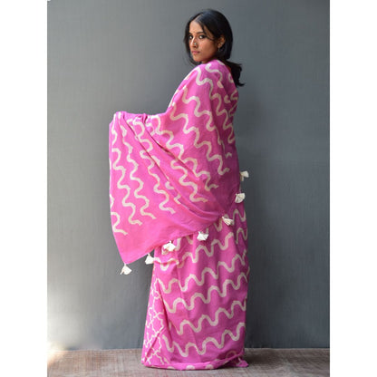 Chidiyaa Rangeen Rosy Hand Block printed Mulmul Cotton Saree with Unstitched