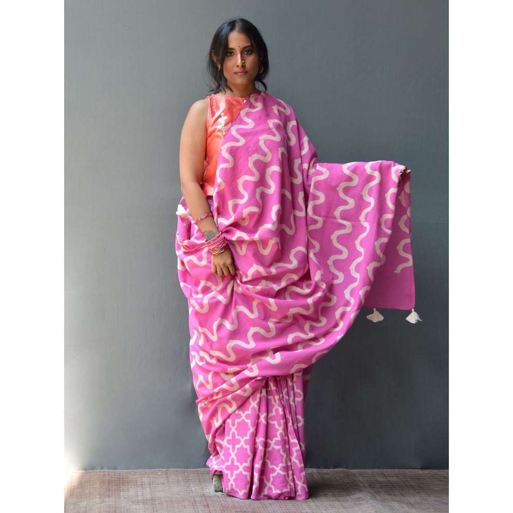 Chidiyaa Rangeen Rosy Hand Block printed Mulmul Cotton Saree with Unstitched