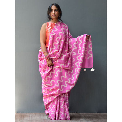 Chidiyaa Rangeen Rosy Hand Block printed Mulmul Cotton Saree with Unstitched