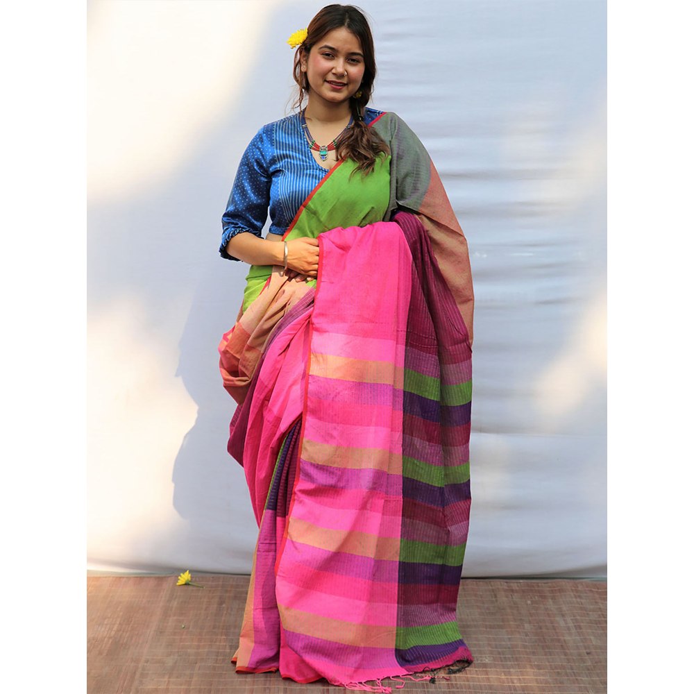 Chidiyaa Satrangi Chucklesome Charm Hand-dyed Handwoven Cotton Saree with Unstitched