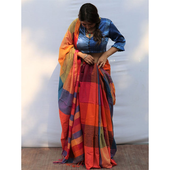 Chidiyaa Satrangi Rainbow Razzle Hand-dyed Handwoven Cotton Saree with Unstitched
