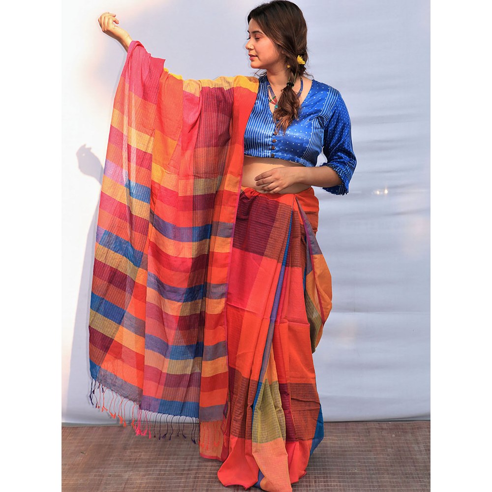 Chidiyaa Satrangi Rainbow Razzle Hand-dyed Handwoven Cotton Saree with Unstitched