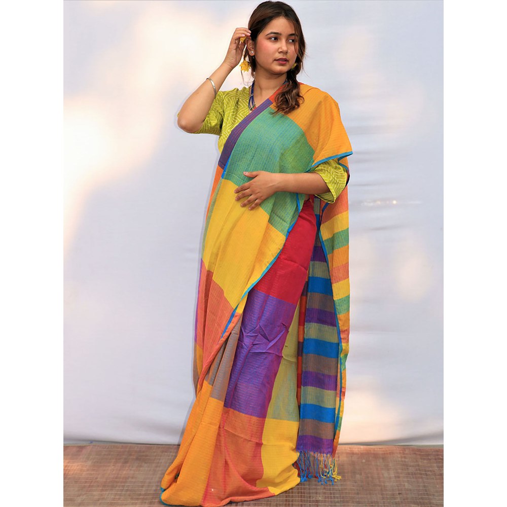 Chidiyaa Satrangi Cheerful Chic Hand-dyed Handwoven Cotton Saree with Unstitched