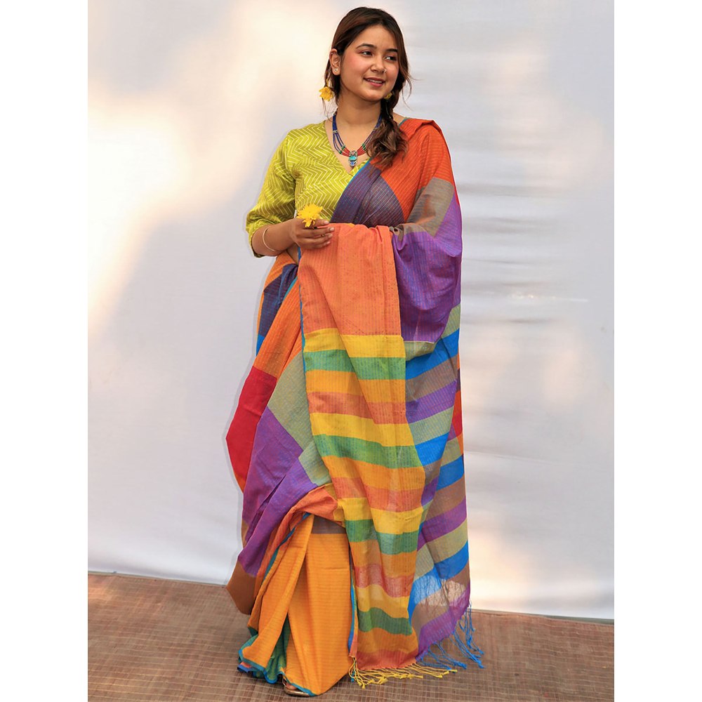 Chidiyaa Satrangi Cheerful Chic Hand-dyed Handwoven Cotton Saree with Unstitched