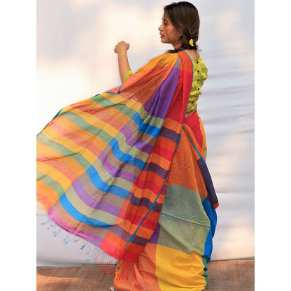 Chidiyaa Satrangi Cheerful Chic Hand-dyed Handwoven Cotton Saree with Unstitched