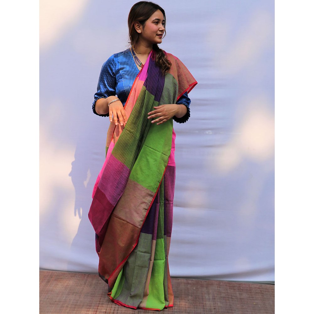 Chidiyaa Satrangi Lively Laughter Hand-dyed Handwoven Cotton Saree with Unstitched