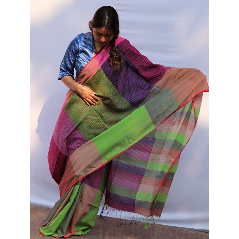 Chidiyaa Satrangi Lively Laughter Hand-dyed Handwoven Cotton Saree with Unstitched