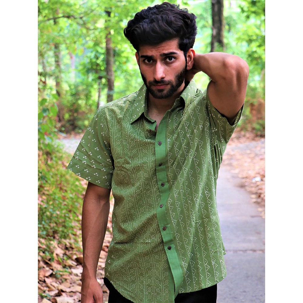 Chidiyaa Olive Green Block Printed Cotton Half Sleeve Shirt