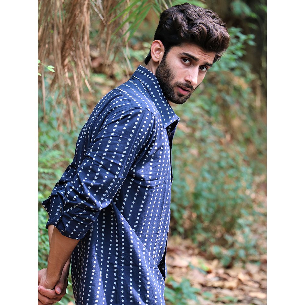 Chidiyaa Midnight Navy Blue Block Printed Cotton Shirt