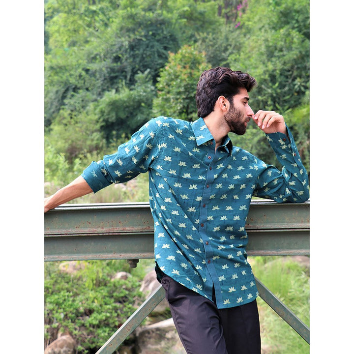 Chidiyaa Forest Teal Green Block Printed Cotton Shirt