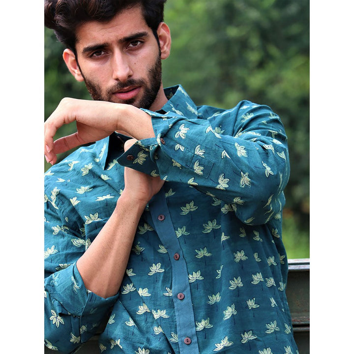 Chidiyaa Forest Teal Green Block Printed Cotton Shirt