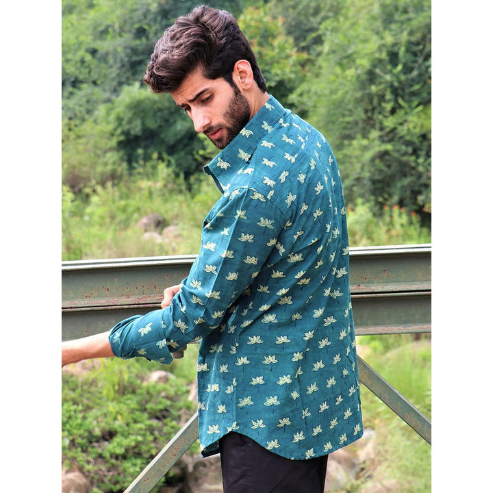 Chidiyaa Forest Teal Green Block Printed Cotton Shirt