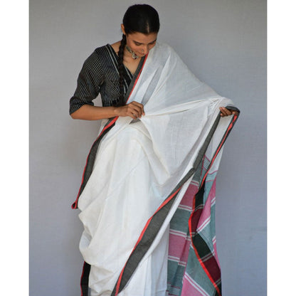 Chidiyaa Pure White Handwoven Cotton Saree with Unstitched Blouse