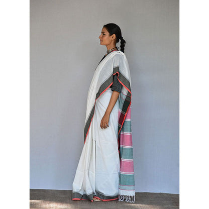 Chidiyaa Pure White Handwoven Cotton Saree with Unstitched Blouse