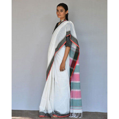 Chidiyaa Pure White Handwoven Cotton Saree with Unstitched Blouse
