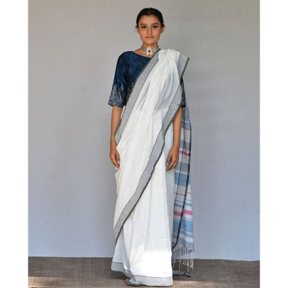 Chidiyaa Calm White Handwoven Cotton Saree with Unstitched Blouse