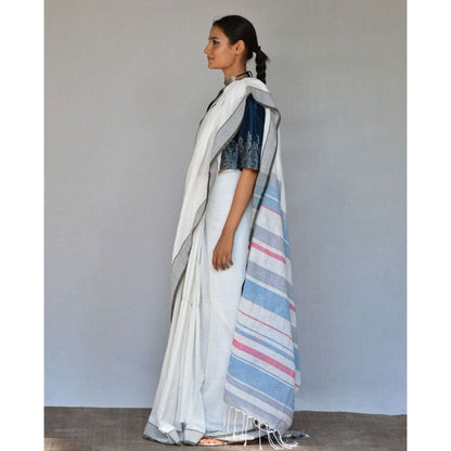 Chidiyaa Calm White Handwoven Cotton Saree with Unstitched Blouse
