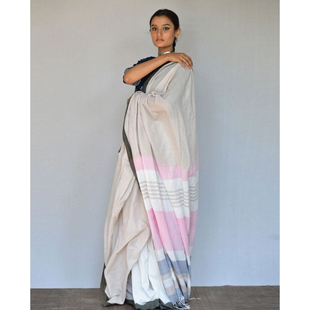 Chidiyaa Ivory White Handwoven Cotton Saree with Unstitched Blouse