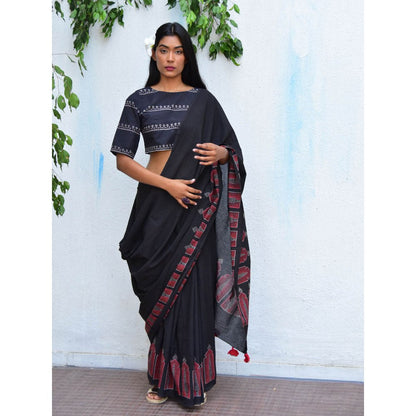 Chidiyaa Vanilla Moon Moonlit Serenade Handblock Printed Mulmul Cotton Saree with Unstitched Blouse