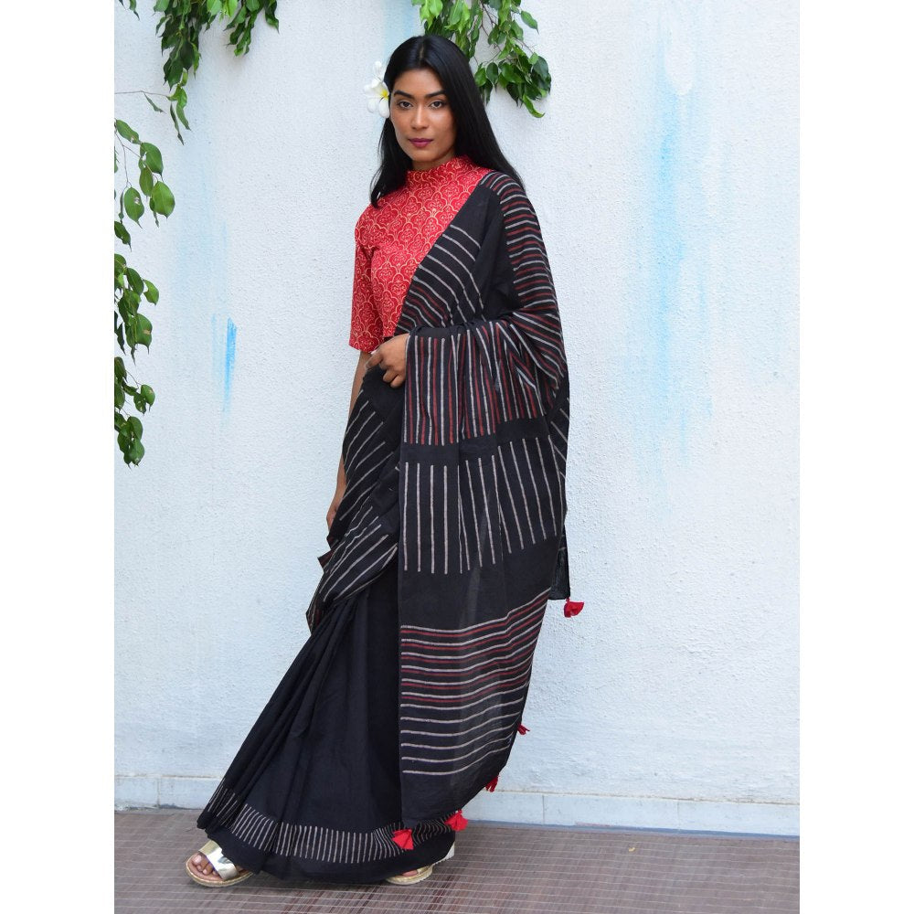 Chidiyaa Vanilla Moon Ruby Radiance Handblock Printed Mulmul Cotton Saree with Unstitched Blouse