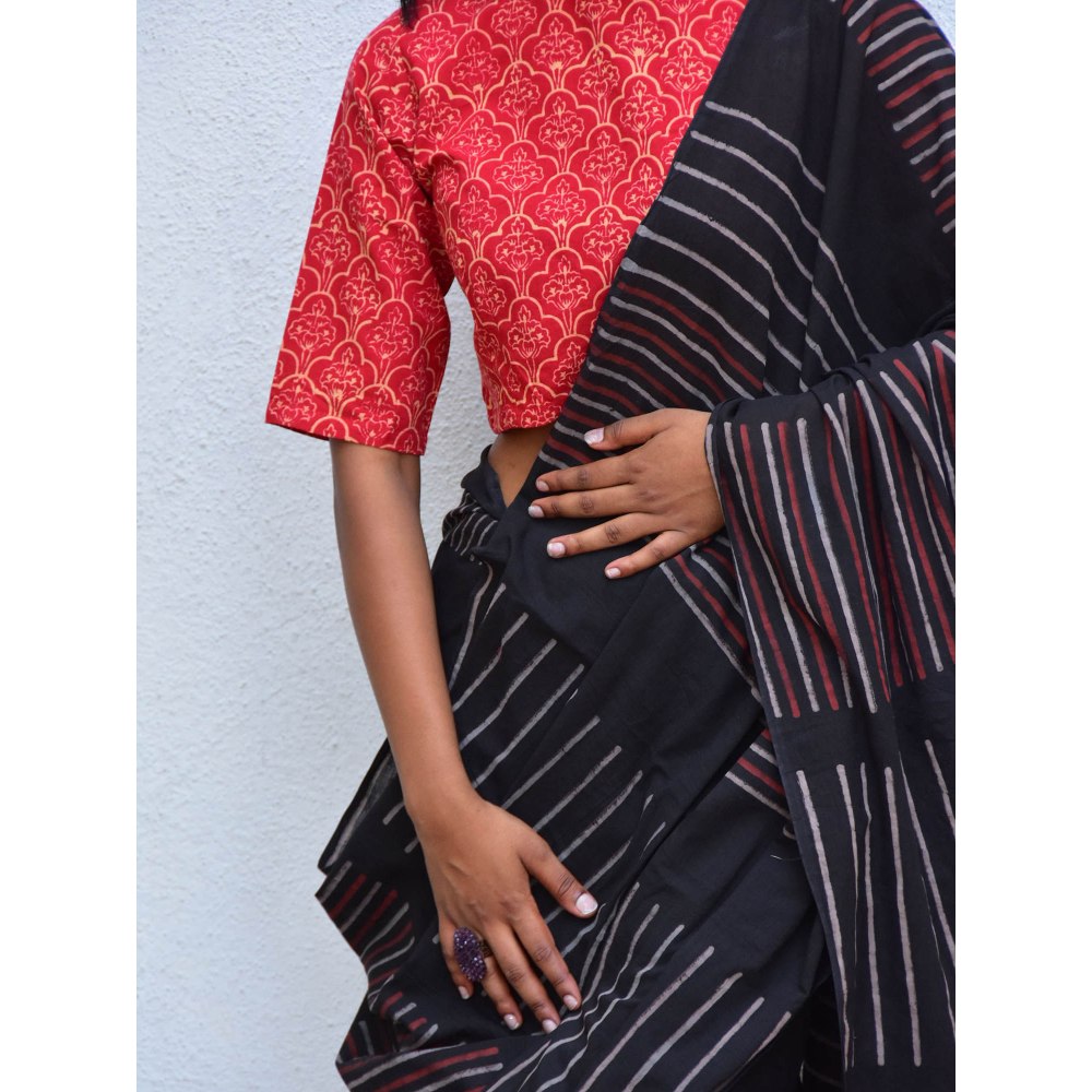 Chidiyaa Vanilla Moon Ruby Radiance Handblock Printed Mulmul Cotton Saree with Unstitched Blouse