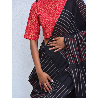Chidiyaa Vanilla Moon Ruby Radiance Handblock Printed Mulmul Cotton Saree with Unstitched Blouse