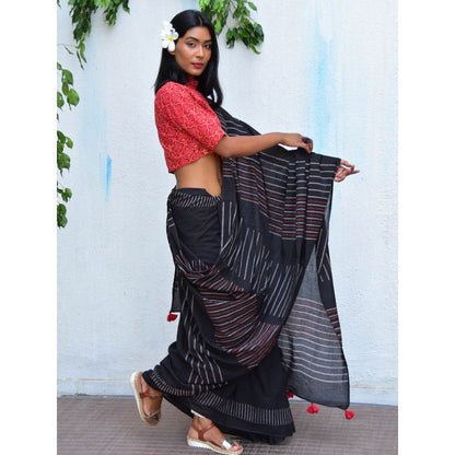 Chidiyaa Vanilla Moon Ruby Radiance Handblock Printed Mulmul Cotton Saree with Unstitched Blouse