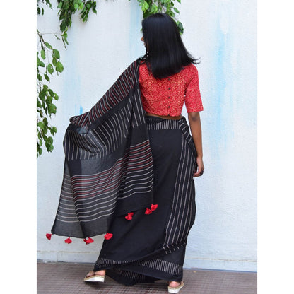 Chidiyaa Vanilla Moon Ruby Radiance Handblock Printed Mulmul Cotton Saree with Unstitched Blouse