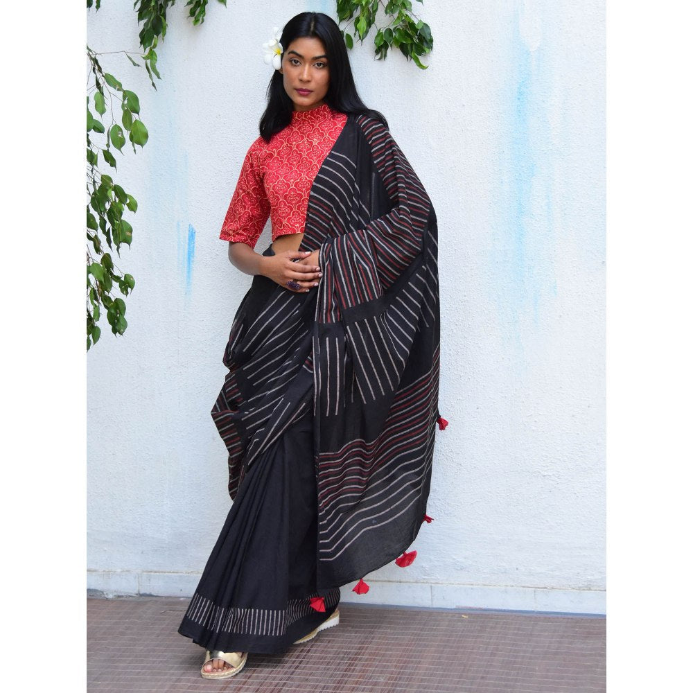 Chidiyaa Vanilla Moon Ruby Radiance Handblock Printed Mulmul Cotton Saree with Unstitched Blouse