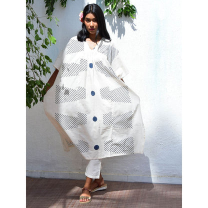 Chidiyaa Vanilla Mooon Celestial Airy Handblock Printed Cotton Kaftaan