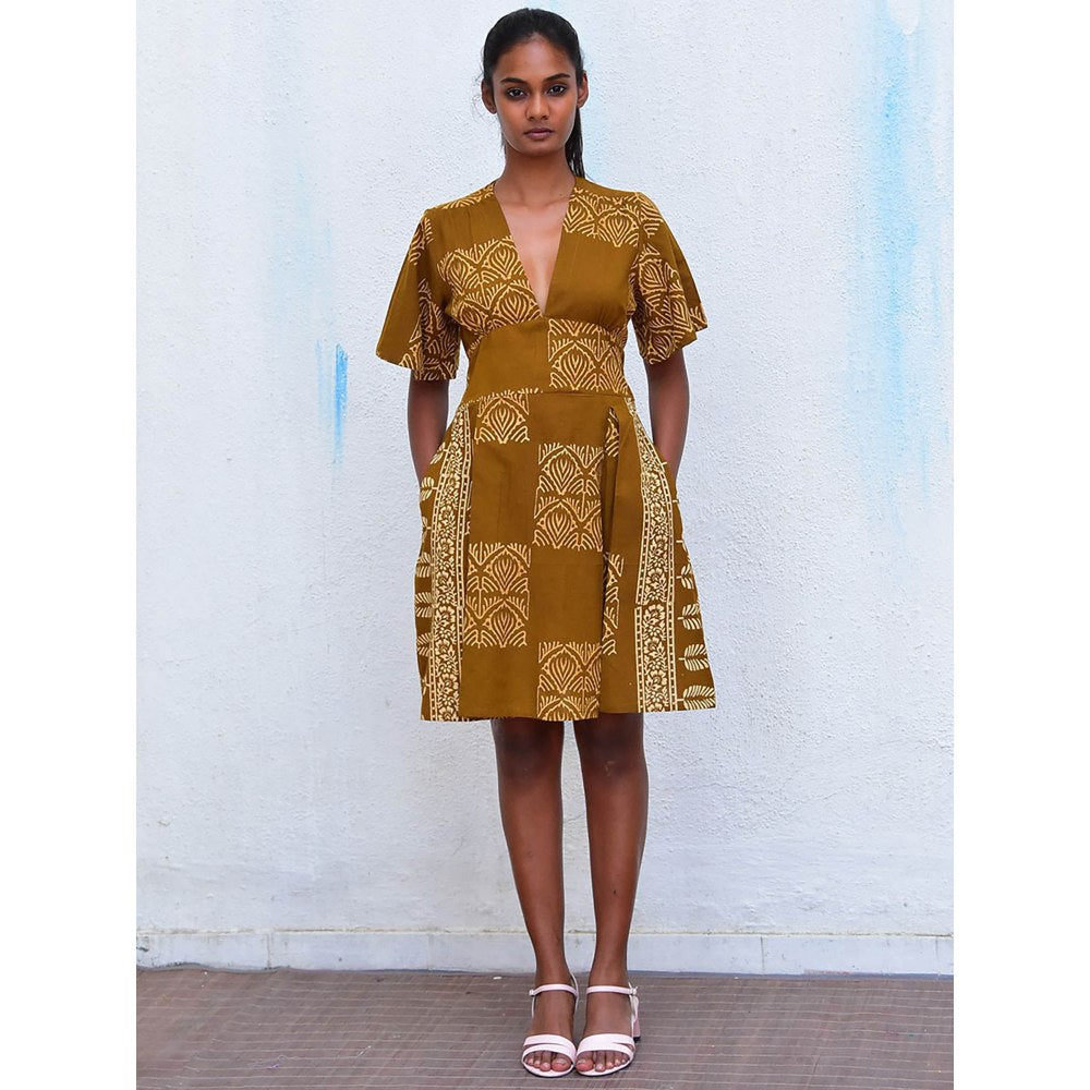 Chidiyaa Humming Bird Golden Blossom Mustard Handblock Printed Cotton Dress
