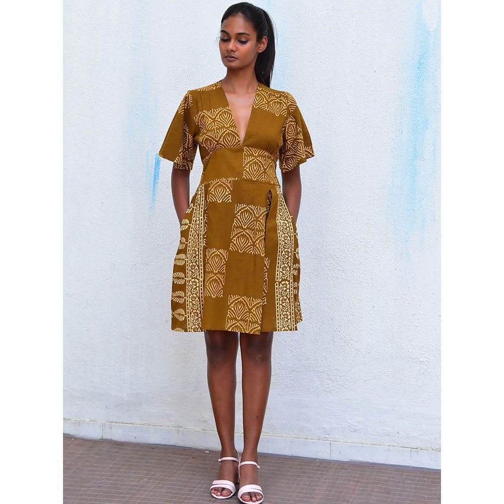 Chidiyaa Humming Bird Golden Blossom Mustard Handblock Printed Cotton Dress