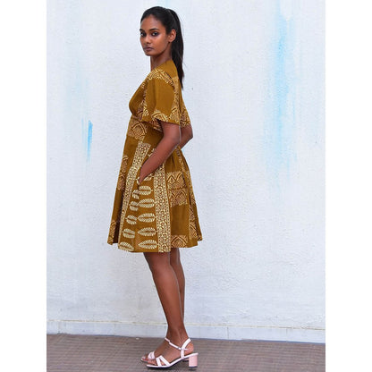 Chidiyaa Humming Bird Golden Blossom Mustard Handblock Printed Cotton Dress
