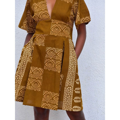Chidiyaa Humming Bird Golden Blossom Mustard Handblock Printed Cotton Dress