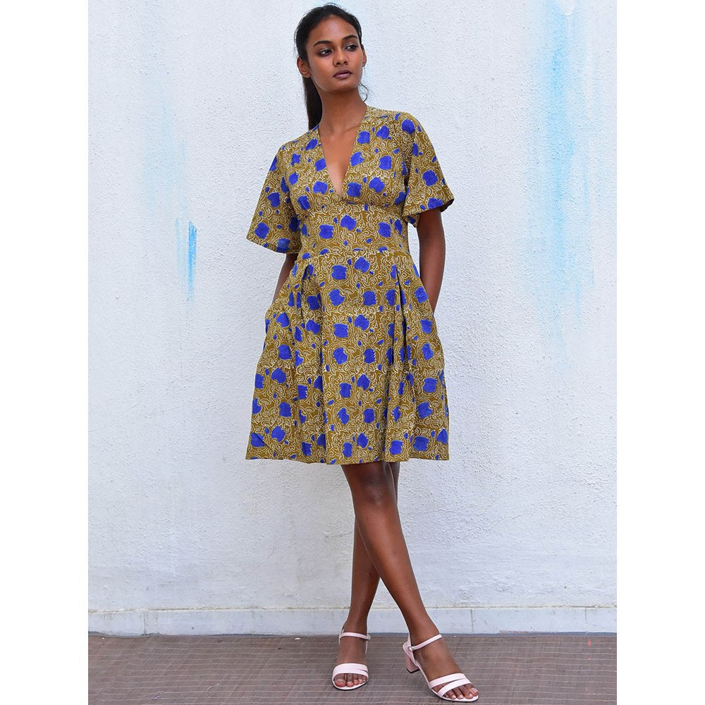 Chidiyaa Humming Bird Golden Paisley Handblock Printed Cotton Dress