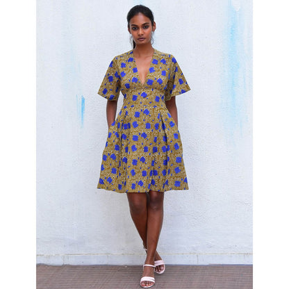Chidiyaa Humming Bird Golden Paisley Handblock Printed Cotton Dress