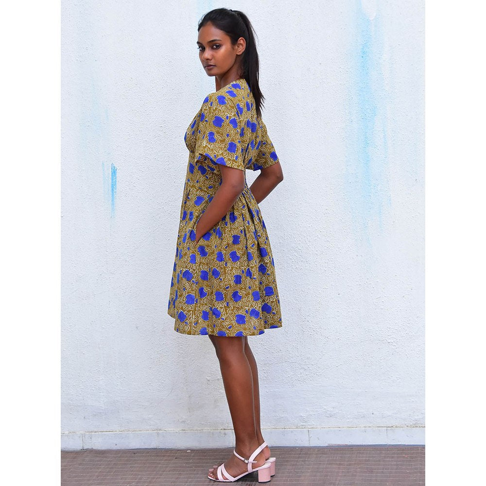 Chidiyaa Humming Bird Golden Paisley Handblock Printed Cotton Dress
