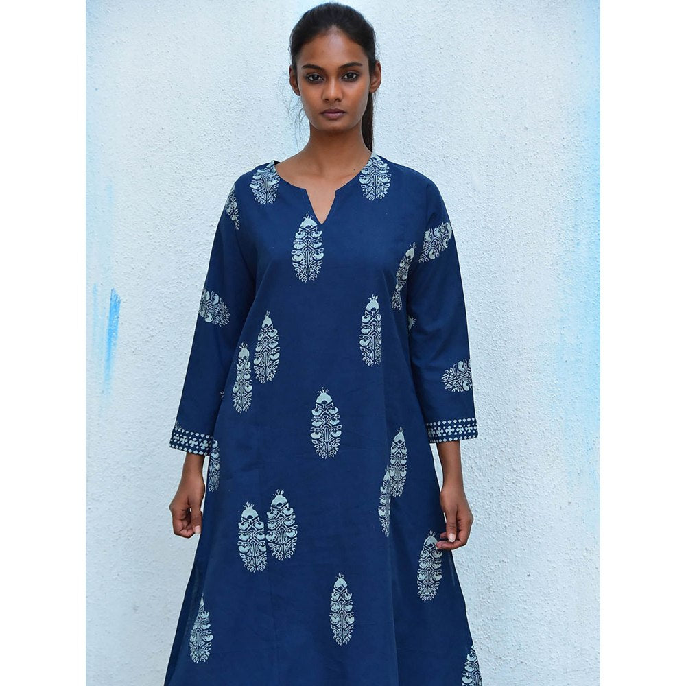 Chidiyaa Humming Bird Into the Blue Handblock Printed Cotton Kurta