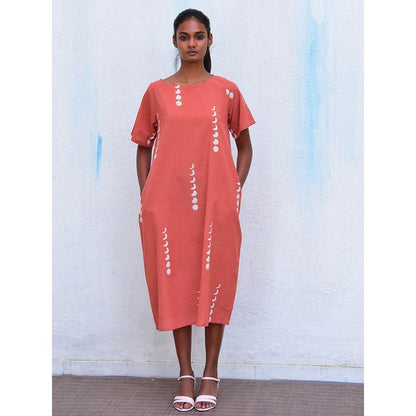 Chidiyaa Humming Bird Mystic Moonlight Rust Handblock Printed Cotton Dress
